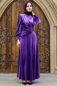 Neva Style - Dark Lila Velvet Long Dress 3845KLILA - Thumbnail