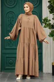 Neva Style - Dark Mink Hijab Maxi Dress 57349KV - Thumbnail