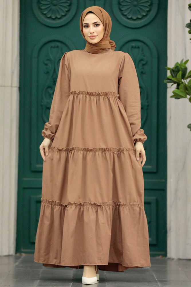 Dark Mink Hijab Turkish Dress 57342KV - 2