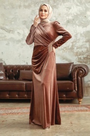 Neva Style - Dark Mink Velvet Hijab Dress 36891KV - Thumbnail