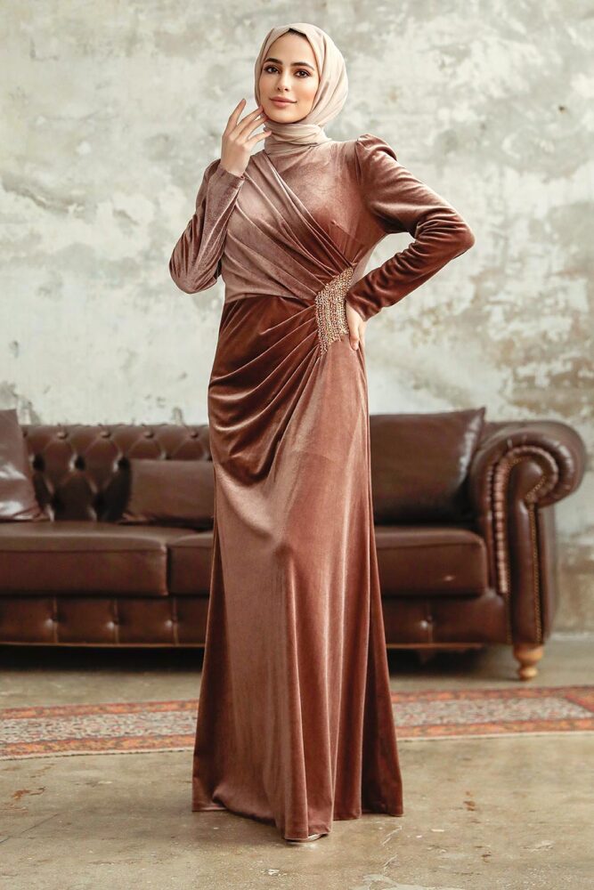 Dark Mink Velvet Hijab Dress 36891KV - 3