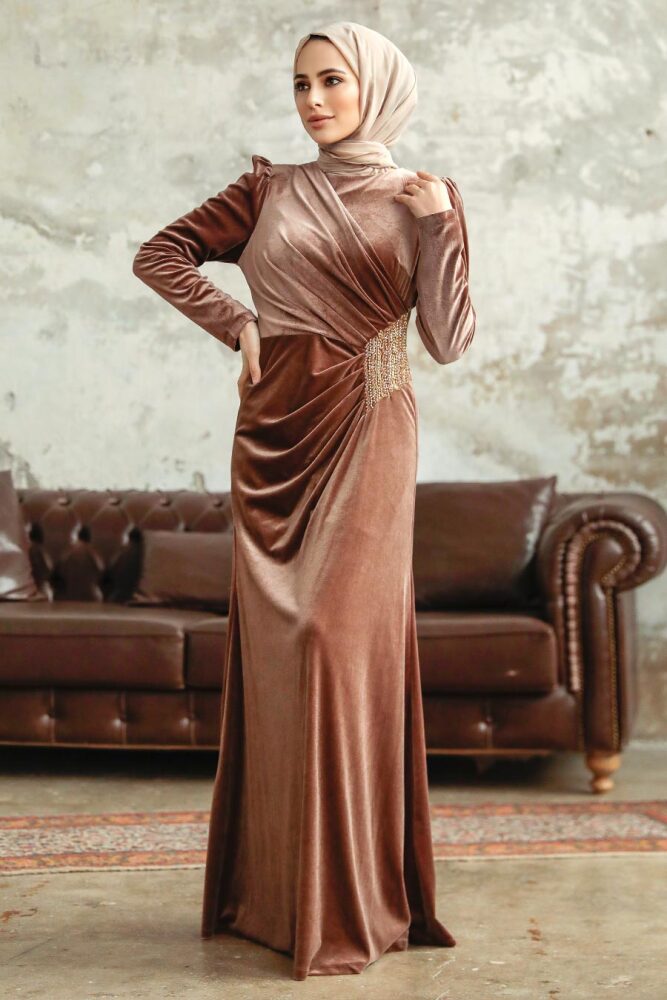 Dark Mink Velvet Hijab Dress 36891KV - 2