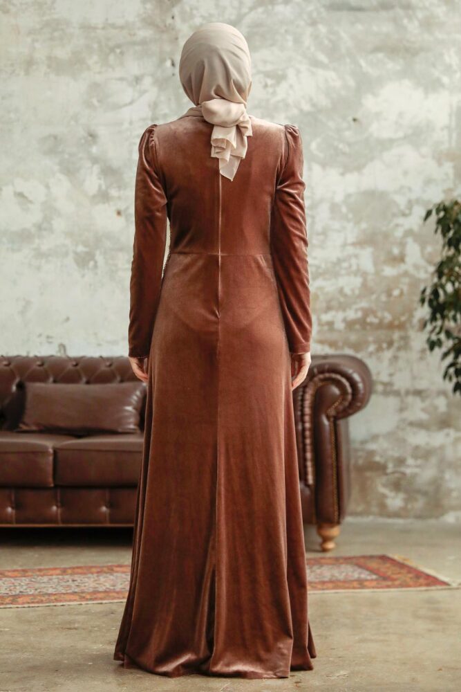 Dark Mink Velvet Hijab Dress 36891KV - 4
