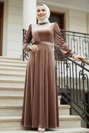 Dark Mink Velvet Hijab Dress 36910KV - 1