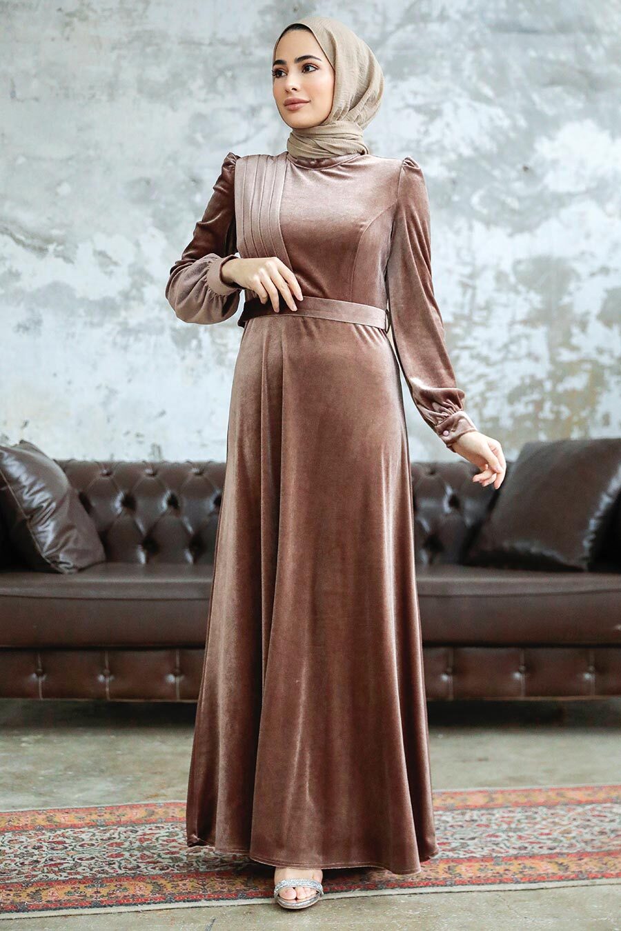 Neva Style - Dark Mink Velvet Hijab Dress 36910KV