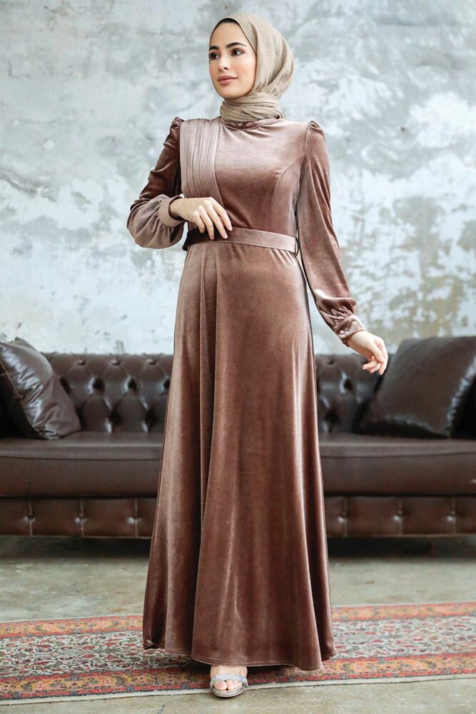 Neva Style - Dark Mink Velvet Hijab Dress 36910KV - 1