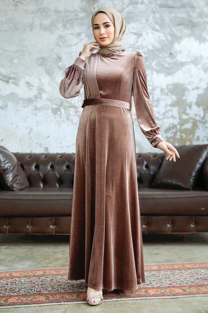 Neva Style - Dark Mink Velvet Hijab Dress 36910KV - 2