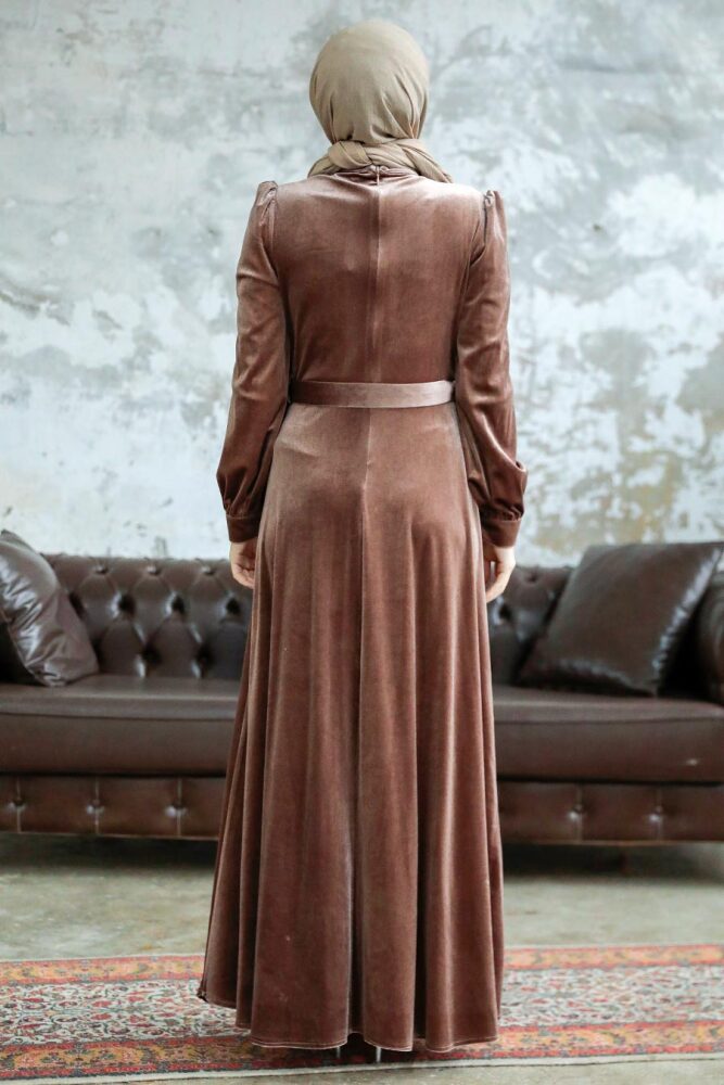 Neva Style - Dark Mink Velvet Hijab Dress 36910KV - 3