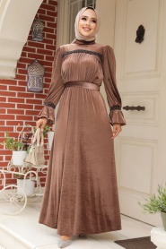 Neva Style - Dark Mink Velvet Long Dress for Muslim Ladies 37291KV - Thumbnail