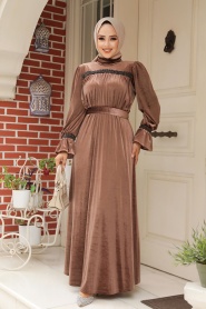 Neva Style - Dark Mink Velvet Long Dress for Muslim Ladies 37291KV - Thumbnail