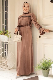 Neva Style - Dark Mink Velvet Long Dress for Muslim Ladies 37291KV - Thumbnail