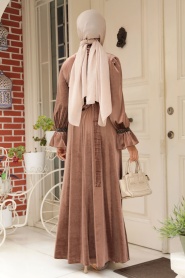 Neva Style - Dark Mink Velvet Long Dress for Muslim Ladies 37291KV - Thumbnail