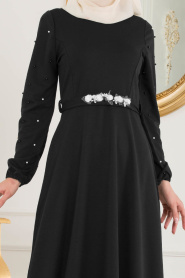Kemeri Çiçekli Koyu Lacivert Tesettür Elbise 77970KL - Thumbnail