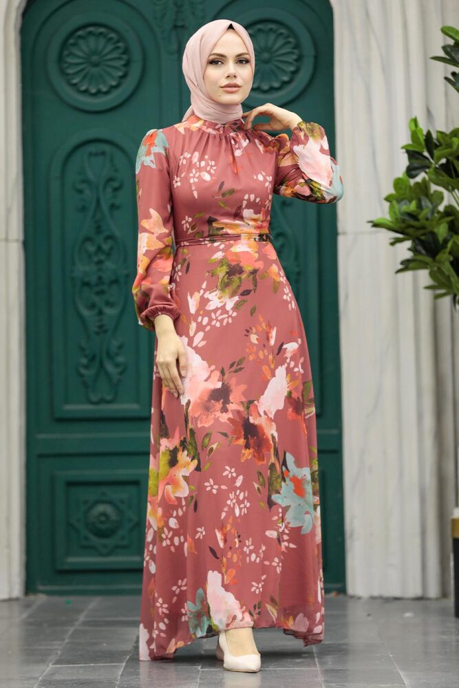 Dark Salmon Pink Hijab Turkish Dress 27942KSMN - 2