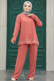 Neva Style - Dark Salmon Pink Islamic Clothing Dual Suit 40012KSMN - Thumbnail
