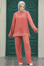 Neva Style - Dark Salmon Pink Islamic Clothing Dual Suit 40012KSMN - Thumbnail