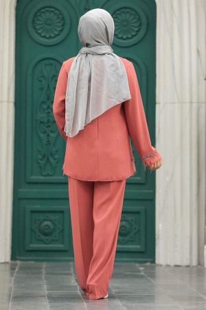 Neva Style - Dark Salmon Pink Islamic Clothing Dual Suit 40012KSMN - Thumbnail