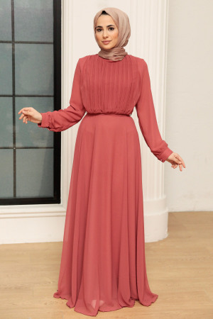 Neva Style - Dark Salmon Pink Turkish Hijab Evening Gown 3371KSMN - 1