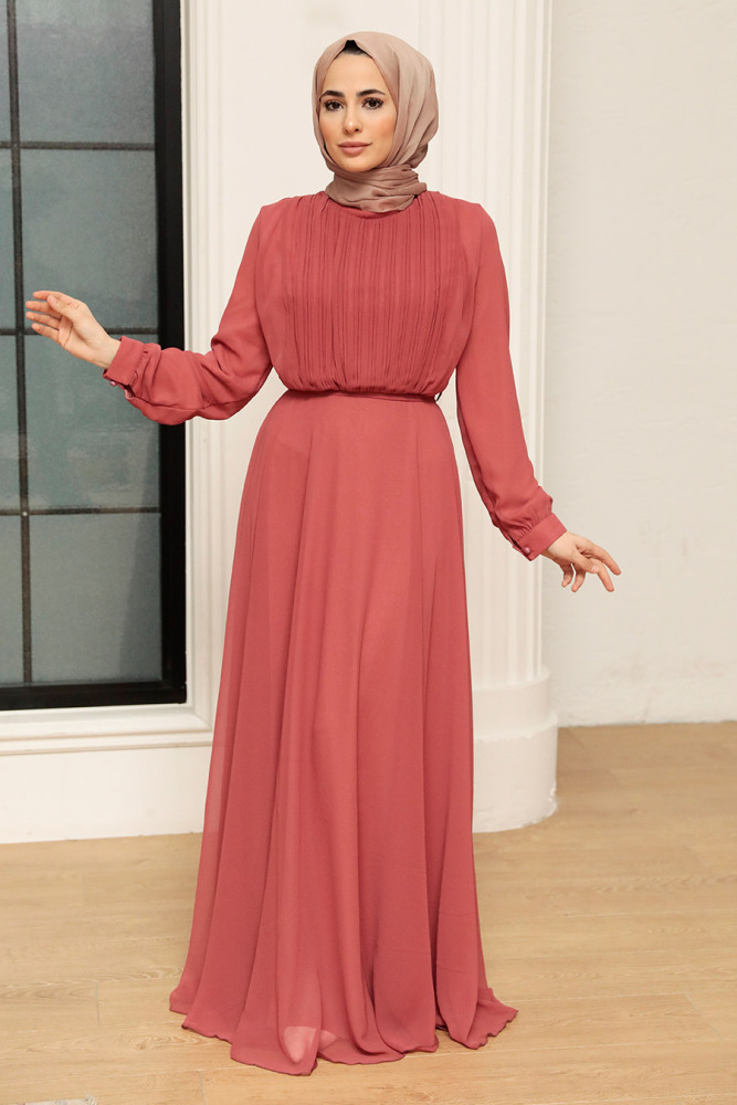 Neva Style - Dark Salmon Pink Turkish Hijab Evening Gown 3371KSMN - 2