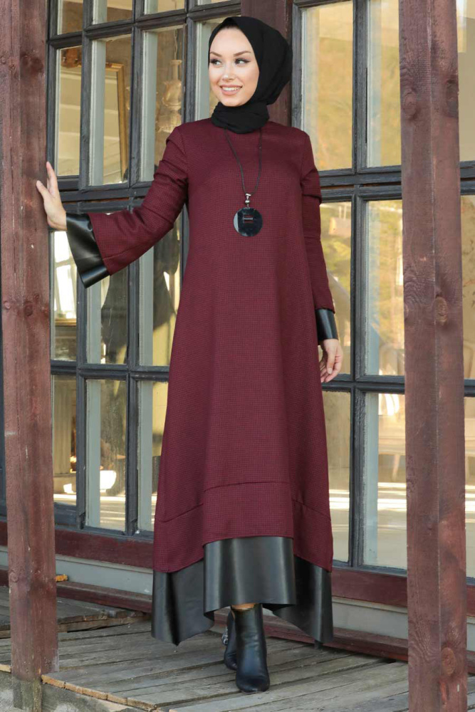 Neva Style - Deri Detaylı Bordo Tesettür Elbise 3348BR - 1
