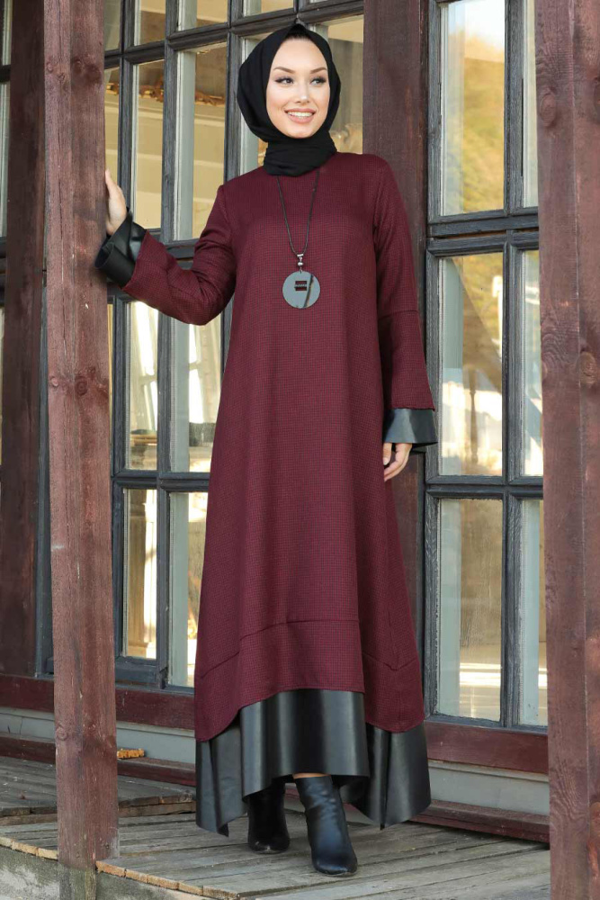 Neva Style - Deri Detaylı Bordo Tesettür Elbise 3348BR - 2