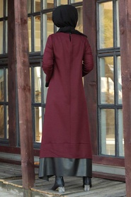 Neva Style - Deri Detaylı Bordo Tesettür Elbise 3348BR - Thumbnail