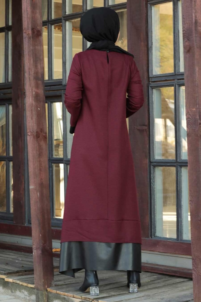 Neva Style - Deri Detaylı Bordo Tesettür Elbise 3348BR - 3