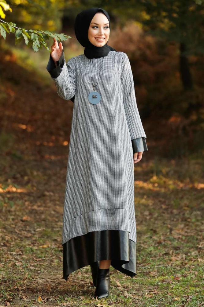 Neva Style - Deri Detaylı Ekru Tesettür Elbise 3348E - 1