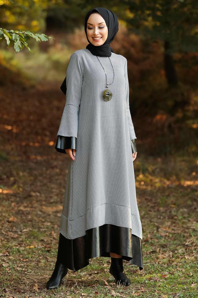 Neva Style - Deri Detaylı Ekru Tesettür Elbise 3348E - 2