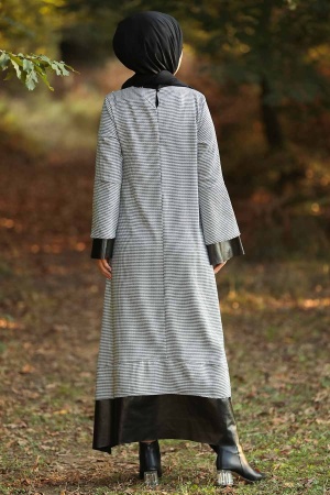 Neva Style - Deri Detaylı Ekru Tesettür Elbise 3348E - 3