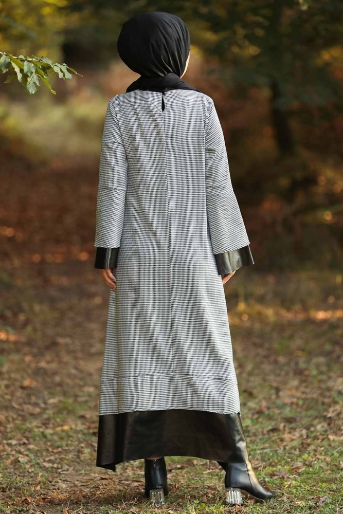 Neva Style - Deri Detaylı Ekru Tesettür Elbise 3348E - 3