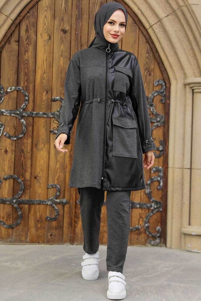 Neva Style - Deri Detaylı Füme Tesettür İkili Takım 1364FU - 1