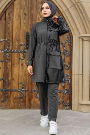 Neva Style - Deri Detaylı Füme Tesettür İkili Takım 1364FU - 2