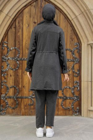 Neva Style - Deri Detaylı Füme Tesettür İkili Takım 1364FU - 3