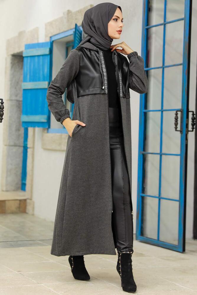 Neva Style - Deri Detaylı Füme Tesettür Kap 13620FU - 3