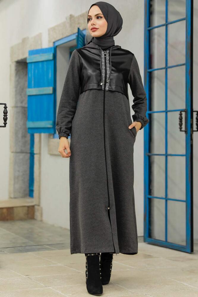 Neva Style - Deri Detaylı Füme Tesettür Kap 13620FU - 1