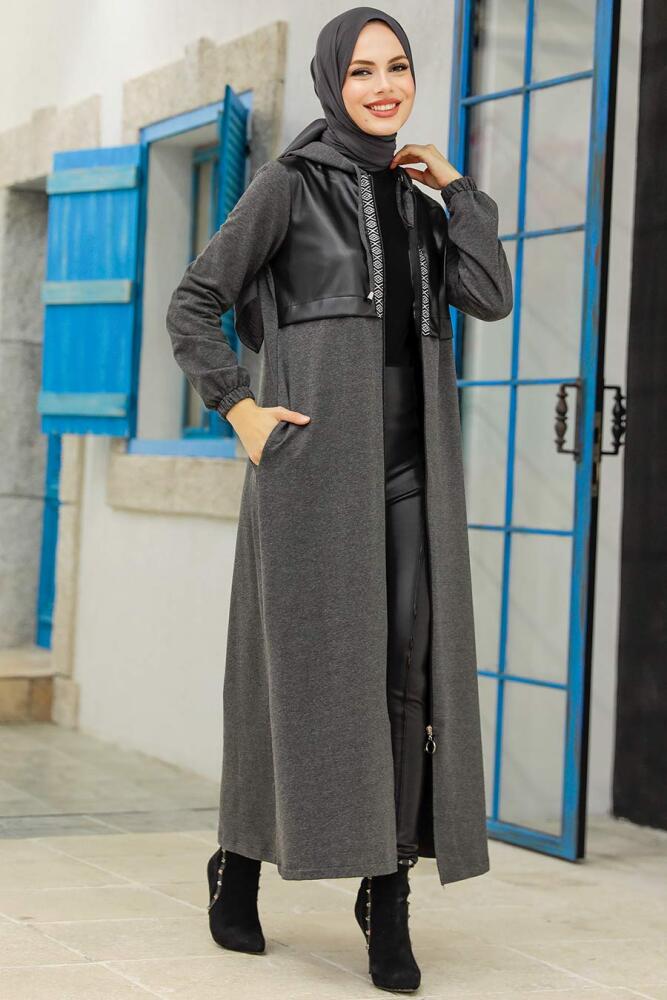 Neva Style - Deri Detaylı Füme Tesettür Kap 13620FU - 4