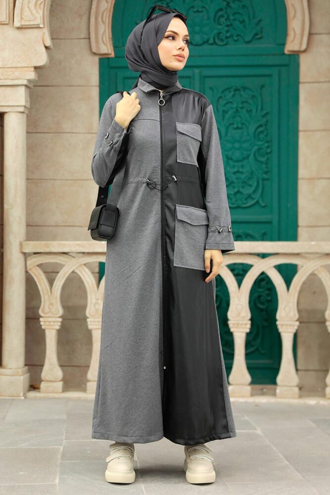 Neva Style - Deri Detaylı Füme Tesettür Kap 1365FU - 1