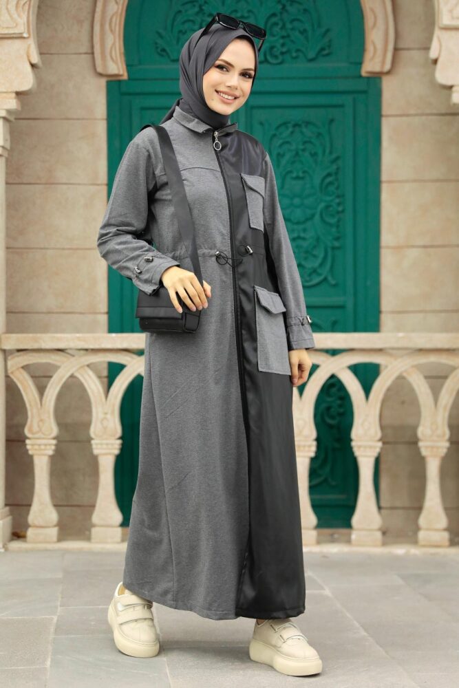 Neva Style - Deri Detaylı Füme Tesettür Kap 1365FU - 2