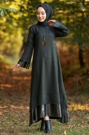 Neva Style - Deri Detaylı Haki Tesettür Elbise 3348HK - Thumbnail