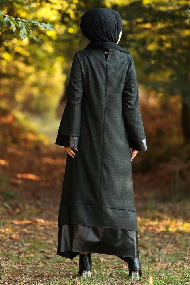 Neva Style - Deri Detaylı Haki Tesettür Elbise 3348HK - 2