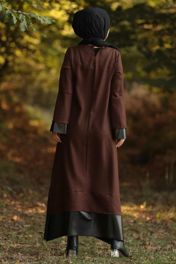 Neva Style - Deri Detaylı Kiremit Tesettür Elbise 3348KRMT - 2