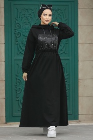 Neva Style - Deri Detaylı Siyah Tesettür Elbise 13561S - Thumbnail