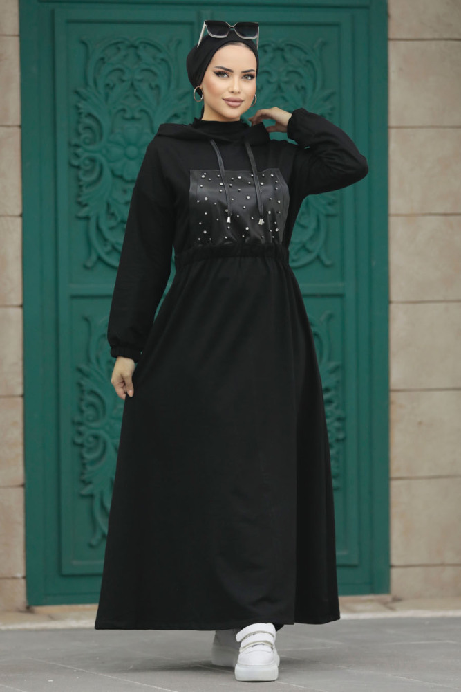 Neva Style - Deri Detaylı Siyah Tesettür Elbise 13561S - 1