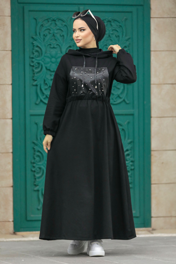 Neva Style - Deri Detaylı Siyah Tesettür Elbise 13561S - 2