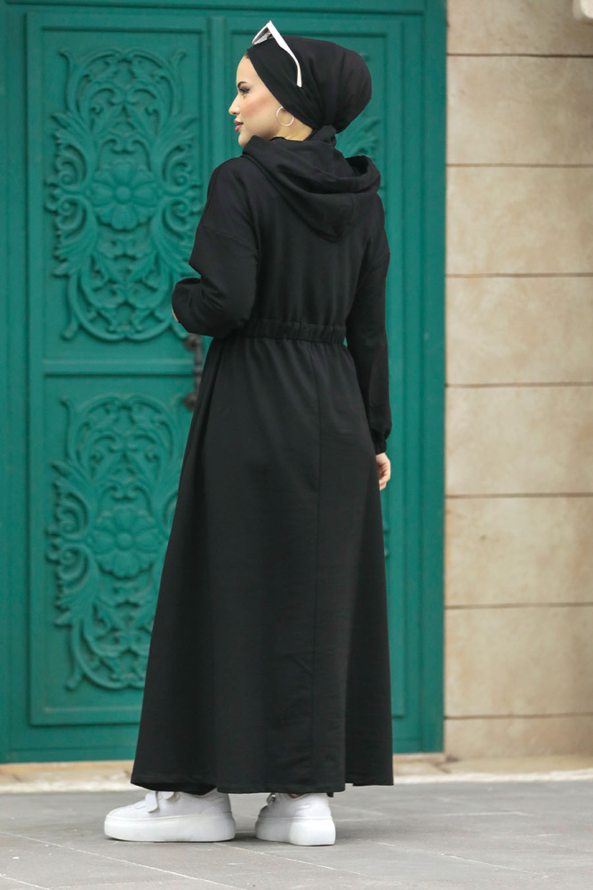Neva Style - Deri Detaylı Siyah Tesettür Elbise 13561S - 3