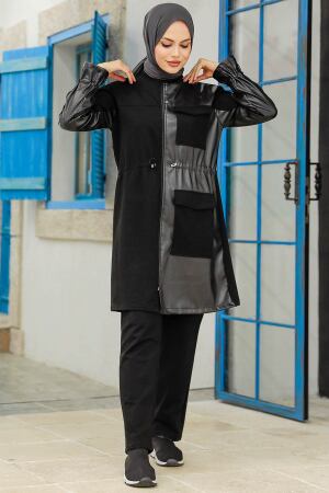 Neva Style - Deri Detaylı Siyah Tesettür İkili Takım 1364S - 2