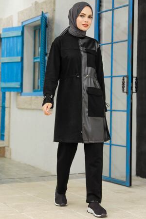 Neva Style - Deri Detaylı Siyah Tesettür İkili Takım 1364S - 1