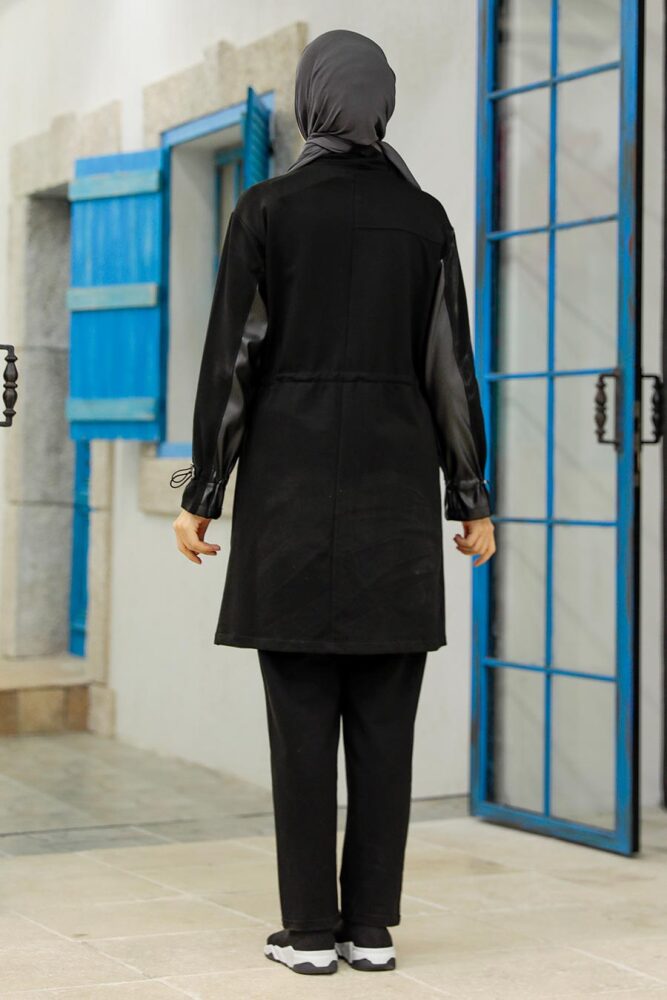 Neva Style - Deri Detaylı Siyah Tesettür İkili Takım 1364S - 3