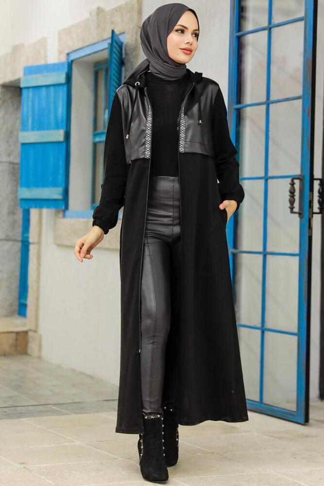 Neva Style - Deri Detaylı Siyah Tesettür Kap 13620S - 2
